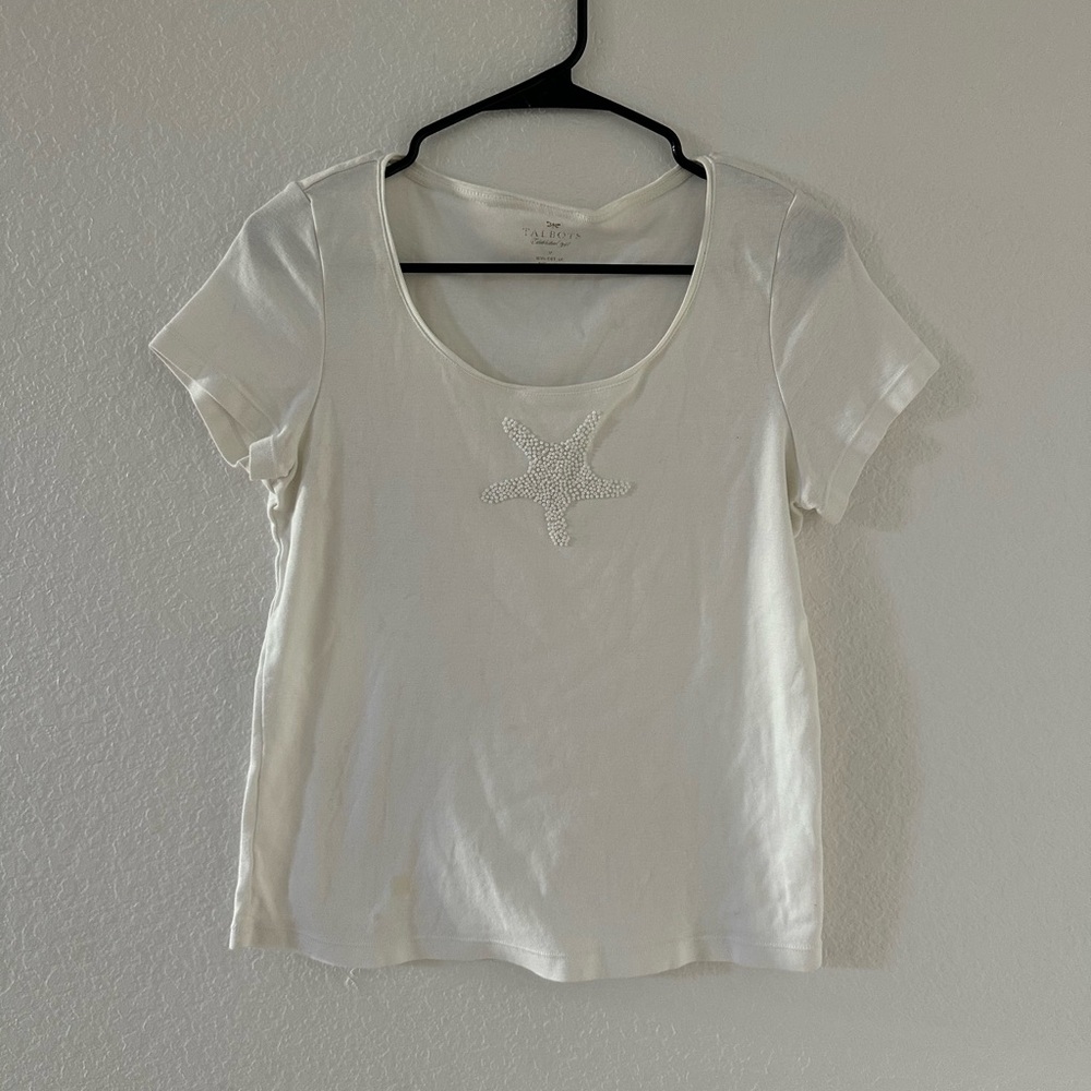 Talbots White Starfish Embellished Short Sleeve Tee